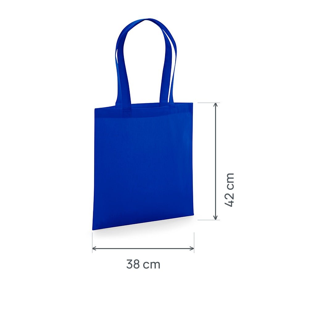 Königsblauer GOTS-zertifizierter Bio-Jutebeutel aus Premium-Baumwolle, 200 g/m², 38 × 42 cm, mit eingezeichneten Höhen- und Breitenmaßen