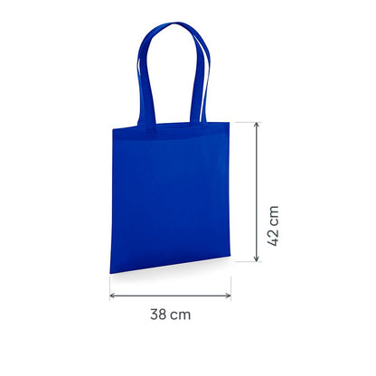 Königsblauer GOTS-zertifizierter Bio-Jutebeutel aus Premium-Baumwolle, 200 g/m², 38 × 42 cm, mit eingezeichneten Höhen- und Breitenmaßen