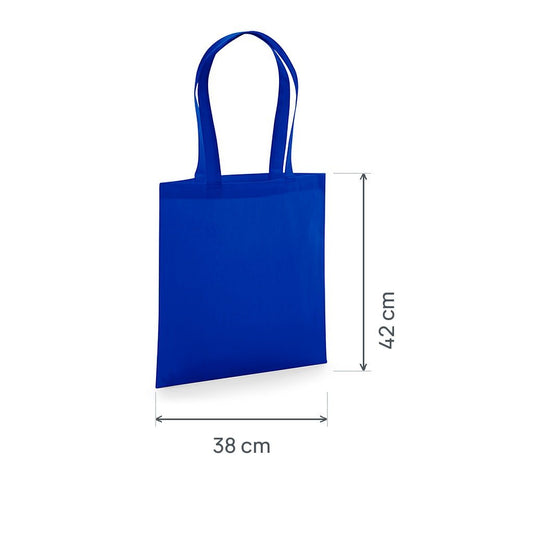 Tote bag en coton bio premium bleu roi certifié GOTS, 200 g/m², 38 × 42 cm, avec cotes de hauteur et de largeur