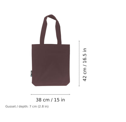 Bolsa de tela de sarga de algodón orgánico Fairtrade marrón con logotipo estampado, 210 g/m², 38 × 42 cm con fuelle de 7 cm, con marcas de ancho y alto