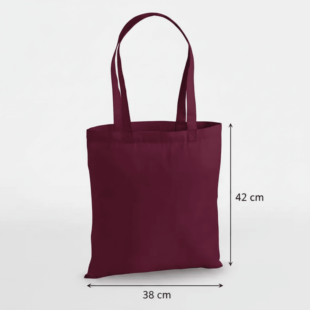 Burgundy red premium cotton tote bag with custom print, 200 g/m², 38 × 42 cm, shown with height and width measurement markings