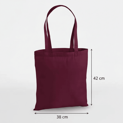 Burgundy red premium cotton tote bag with custom print, 200 g/m², 38 × 42 cm, shown with height and width measurement markings