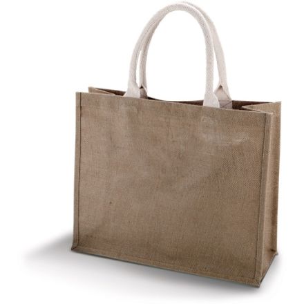 Cappuccinonruskea juuttirantakassi omalla painatuksella, 42 × 35 cm, 330 g/m², puuvillakahvat