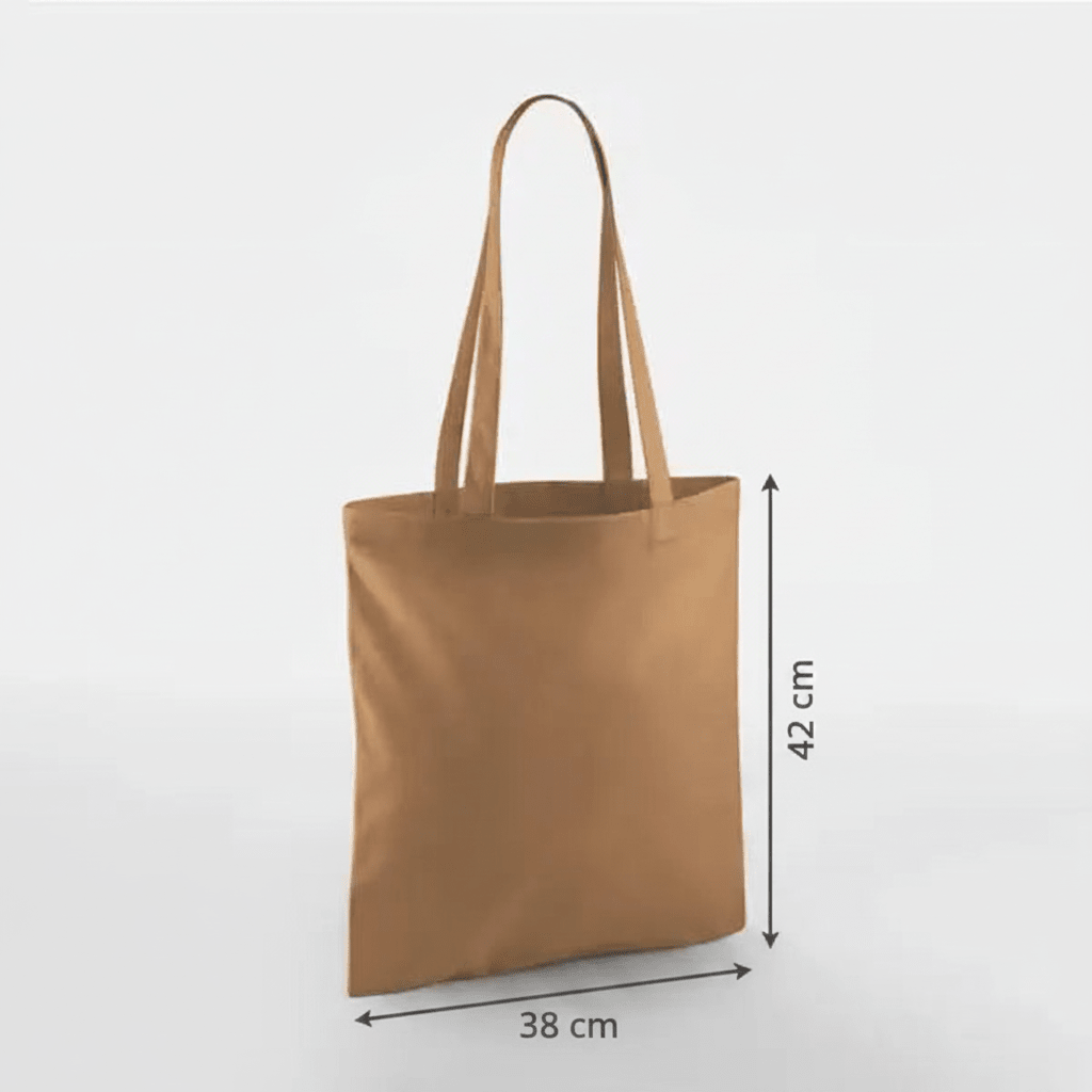 Karamelbrun mulepose i bomuld med lange hanke og eget tryk, 38 × 42 cm, med højde- og breddemål markeret