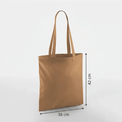 Karamelbrun mulepose i bomuld med lange hanke og eget tryk, 38 × 42 cm, med højde- og breddemål markeret