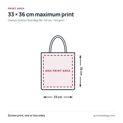 Schéma de la zone d'impression maximale de 33 × 36 cm sur un tote bag personnalisé en coton, 38 × 42 cm