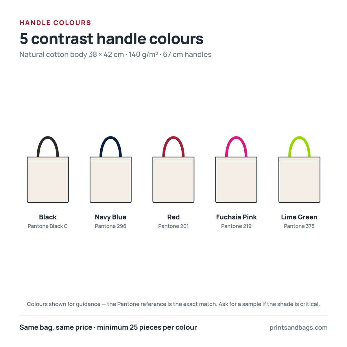 Les 5 coloris d'anses contrastées du tote bag en coton naturel, 38 × 42 cm : noir, bleu marine, rouge, rose fuchsia et vert lime, avec références Pantone