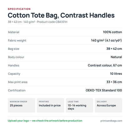 Fiche technique du tote bag en coton à anses contrastées, 38 × 42 cm : 100 % coton, 140 g/m², 10 litres, anses de 67 cm, zone d'impression 33 × 36 cm, OEKO-TEX Standard 100