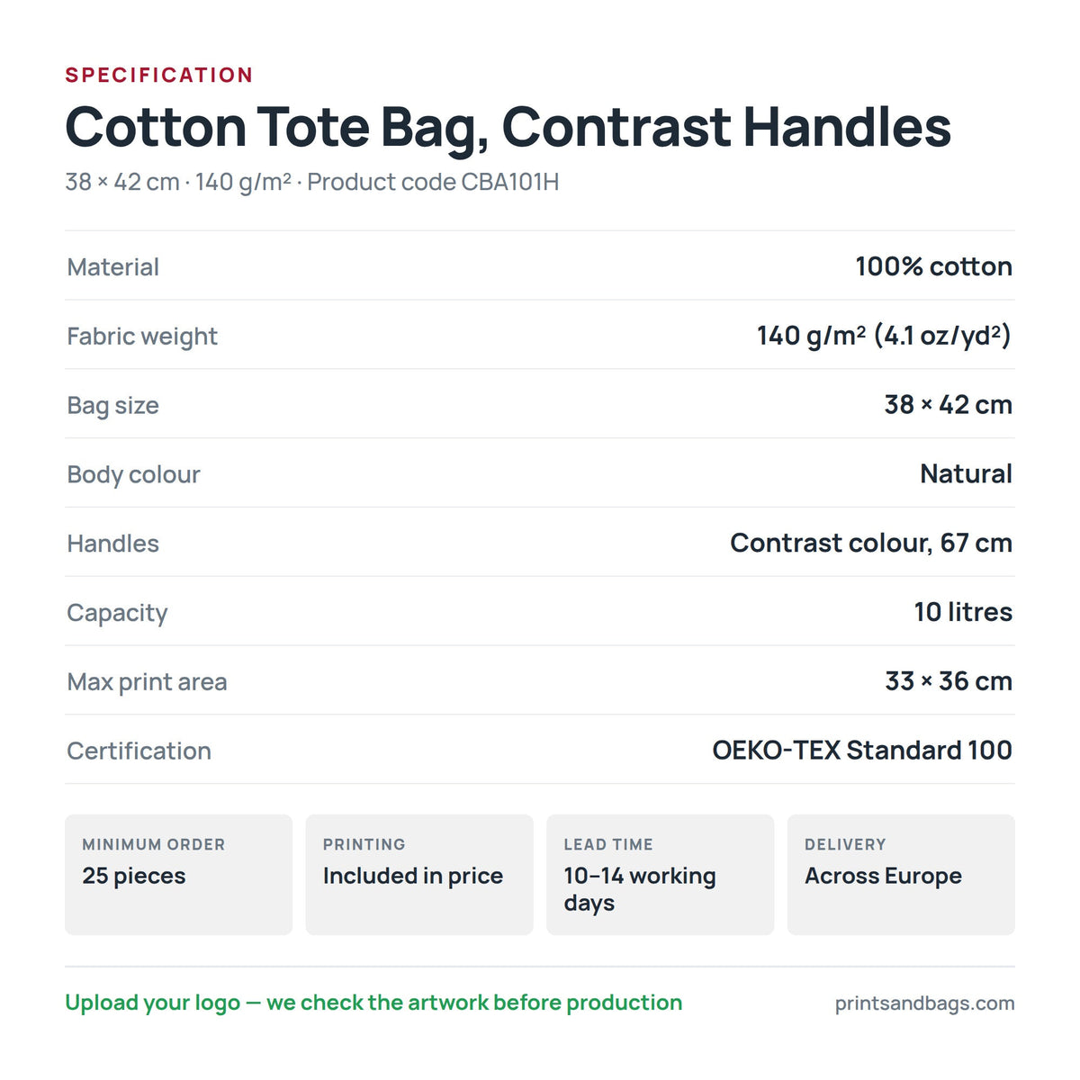 Specification of the 38 × 42 cm cotton tote bag with contrast handles: 100% cotton, 140 g/m², 10 litres, 67 cm handles, 33 × 36 cm print area, OEKO-TEX Standard 100