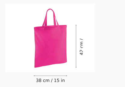 Bolsa de tela de algodón fucsia con asas cortas y estampado personalizado, 38 × 42 cm, con marcas de altura y anchura