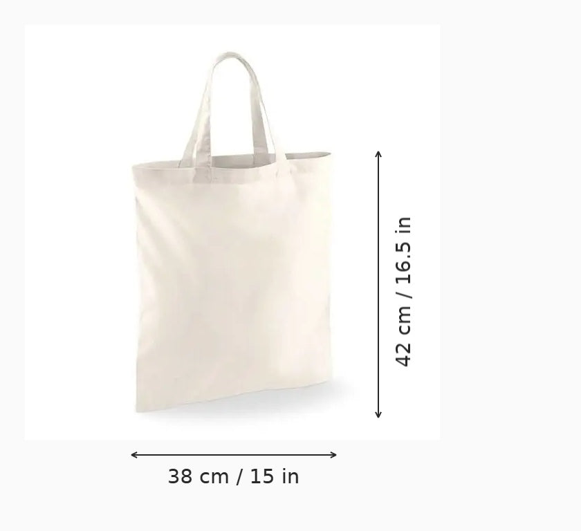 Natural cotton tote bag with short handles and custom print, 38 × 42 cm, shown with height and width measurement markings