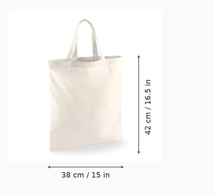 Natural cotton tote bag with short handles and custom print, 38 × 42 cm, shown with height and width measurement markings