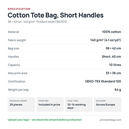 Fiche technique du tote bag en coton à anses courtes, 38 × 42 cm : 100 % coton, 140 g/m², 10 litres, anses de 40 cm, zone d'impression 33 × 36 cm, OEKO-TEX Standard 100