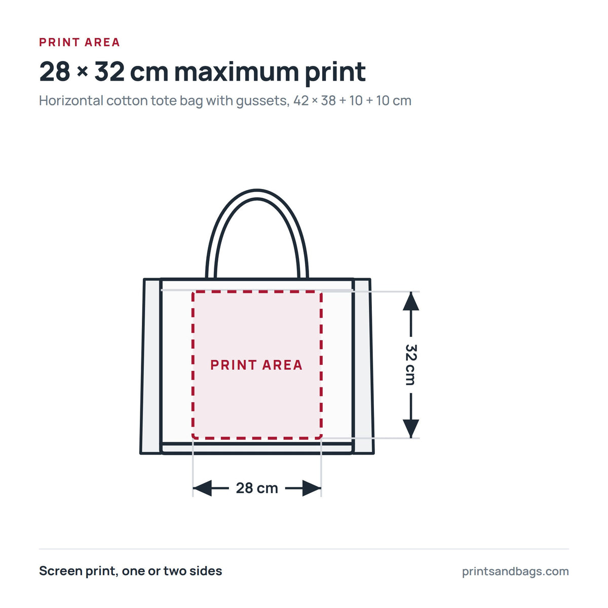 Schéma de la zone d'impression maximale de 28 × 32 cm sur un tote bag personnalisé en coton au format horizontal à soufflets, 42 × 38 cm