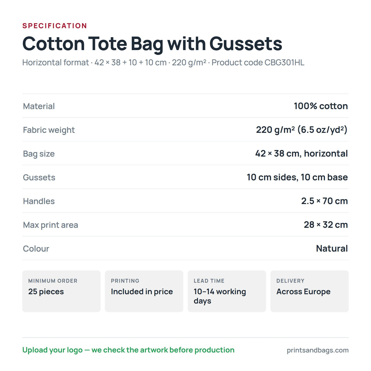 Spécifications du tote bag personnalisé en coton au format horizontal, 42 × 38 cm : 100 % coton, 220 g/m², soufflets de 10 cm, anses 2,5 × 70 cm, zone d'impression 28 × 32 cm