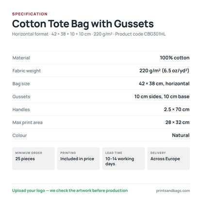 Spécifications du tote bag personnalisé en coton au format horizontal, 42 × 38 cm : 100 % coton, 220 g/m², soufflets de 10 cm, anses 2,5 × 70 cm, zone d'impression 28 × 32 cm