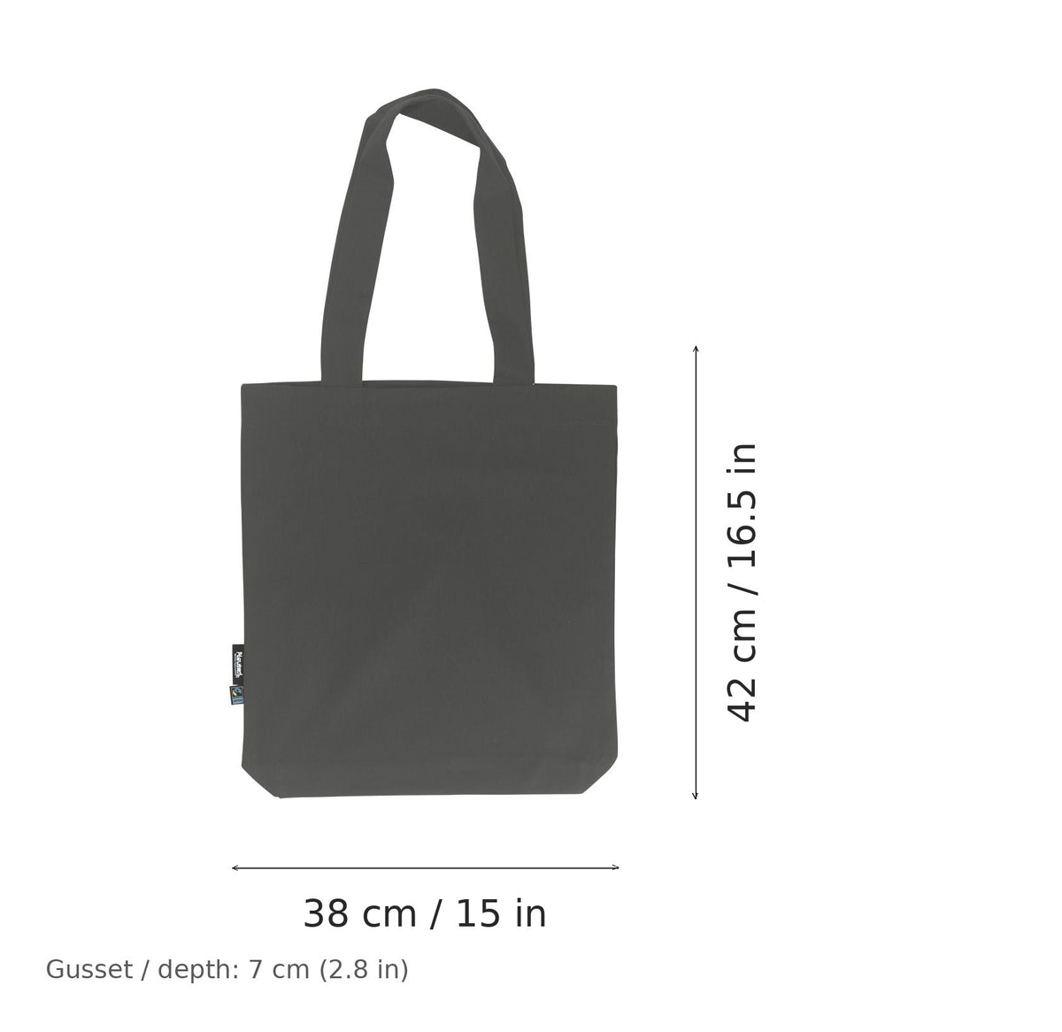 Bolsa de tela de sarga de algodón orgánico Fairtrade gris carbón con logotipo estampado, 210 g/m², 38 × 42 cm con fuelle de 7 cm, con marcas de ancho y alto