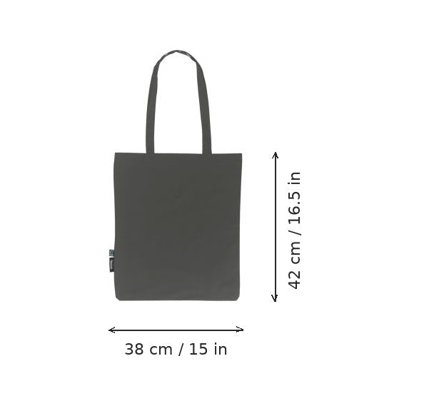 Anthrazitgrauer leichter Jutebeutel aus Bio-Baumwolle mit Logodruck, 120 g/m², 38 × 42 cm, mit Maßangaben für Breite und Höhe
