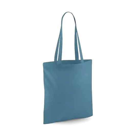 Harmaansininen klassinen puuvillainen kangaskassi pitkillä kahvoilla ja omalla logopainatuksella, 140 g/m², 38 × 42 cm
