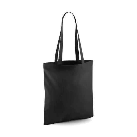 Musta klassinen puuvillainen kangaskassi pitkillä kahvoilla ja omalla logopainatuksella, 140 g/m², 38 × 42 cm