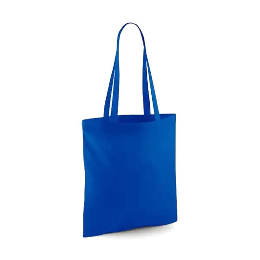Kirkas kuninkaansininen klassinen puuvillainen kangaskassi pitkillä kahvoilla ja omalla logopainatuksella, 140 g/m², 38 × 42 cm