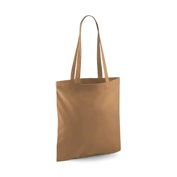 Karamelbrun klassisk mulepose i bomuld med lange hanke og eget logotryk, 140 g/m², 38 × 42 cm