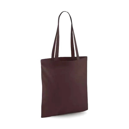 Suklaanruskea klassinen puuvillainen kangaskassi pitkillä kahvoilla ja omalla logopainatuksella, 140 g/m², 38 × 42 cm