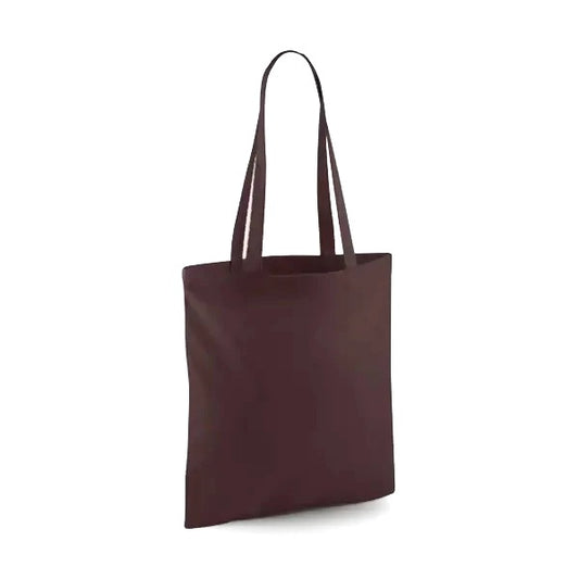 Suklaanruskea klassinen puuvillainen kangaskassi pitkillä kahvoilla ja omalla logopainatuksella, 140 g/m², 38 × 42 cm