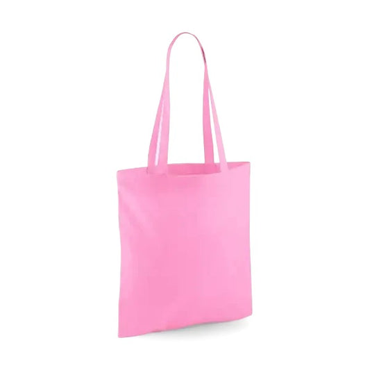 Klassinen vaaleanpunainen puuvillainen kangaskassi pitkillä kahvoilla ja omalla logopainatuksella, 140 g/m², 38 × 42 cm