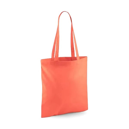 Korallinoranssi klassinen puuvillainen kangaskassi pitkillä kahvoilla ja omalla logopainatuksella, 140 g/m², 38 × 42 cm