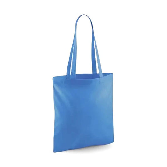 Ruiskukansininen klassinen puuvillainen kangaskassi pitkillä kahvoilla ja omalla logopainatuksella, 140 g/m², 38 × 42 cm