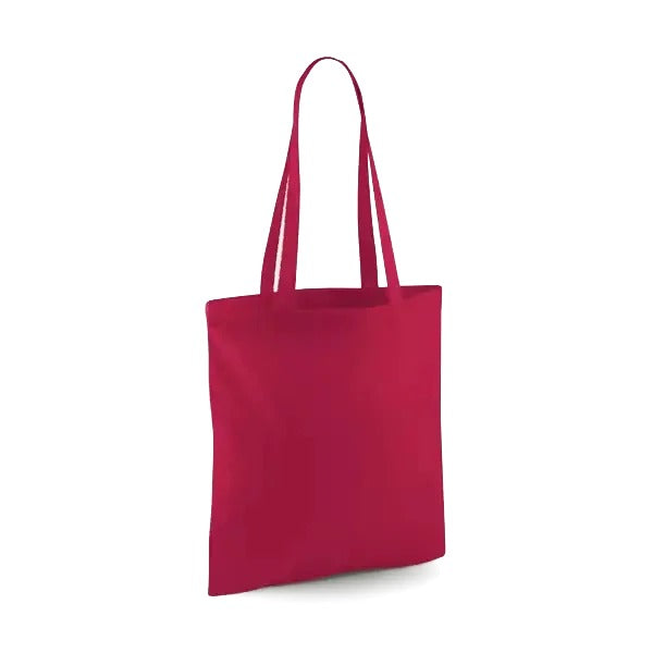 Cranberry red classic cotton tote bag with long handles and custom logo print, 140 g/m², 38 × 42 cm