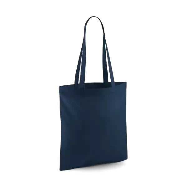 Borsa in tela di cotone classica blu navy con manici lunghi e stampa del logo personalizzata, 140 g/m², 38 × 42 cm