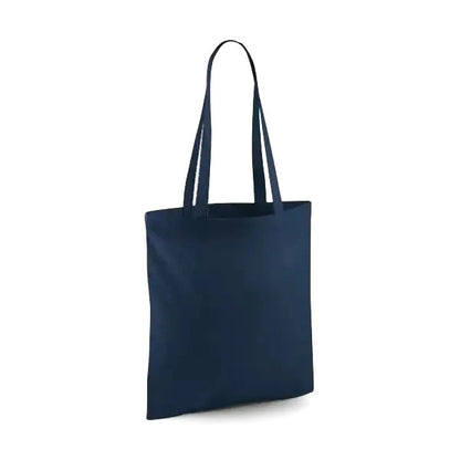Borsa in tela di cotone classica blu navy con manici lunghi e stampa del logo personalizzata, 140 g/m², 38 × 42 cm