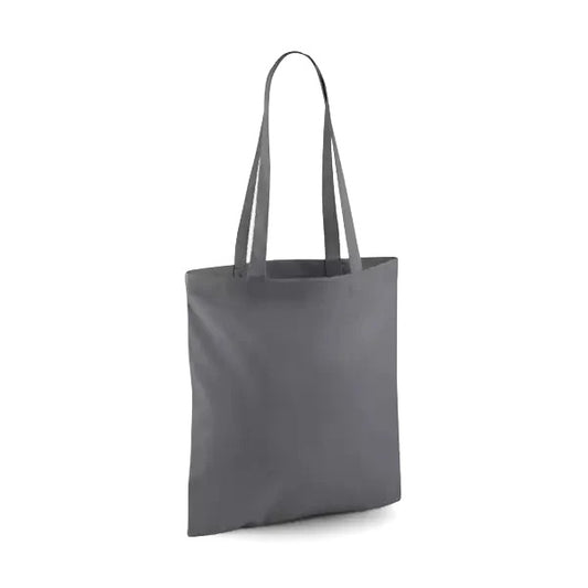 Grafiitinharmaa klassinen puuvillainen kangaskassi pitkillä kahvoilla ja omalla logopainatuksella, 140 g/m², 38 × 42 cm