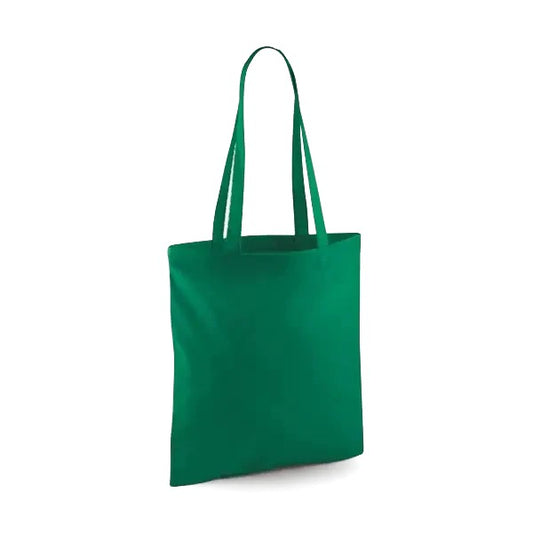 Kellynvihreä klassinen puuvillainen kangaskassi pitkillä kahvoilla ja omalla logopainatuksella, 140 g/m², 38 × 42 cm