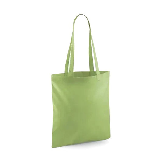 Kiivinvihreä klassinen puuvillainen kangaskassi pitkillä kahvoilla ja omalla logopainatuksella, 140 g/m², 38 × 42 cm