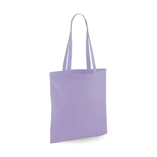 Laventelinvioletti klassinen puuvillainen kangaskassi pitkillä kahvoilla ja omalla logopainatuksella, 140 g/m², 38 × 42 cm