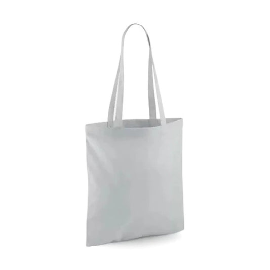 Vaaleanharmaa klassinen puuvillainen kangaskassi pitkillä kahvoilla ja omalla logopainatuksella, 140 g/m², 38 × 42 cm