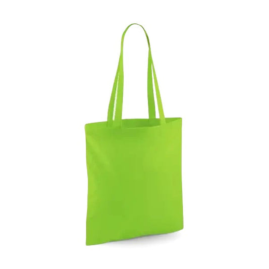 Limenvihreä klassinen puuvillainen kangaskassi pitkillä kahvoilla ja omalla logopainatuksella, 140 g/m², 38 × 42 cm