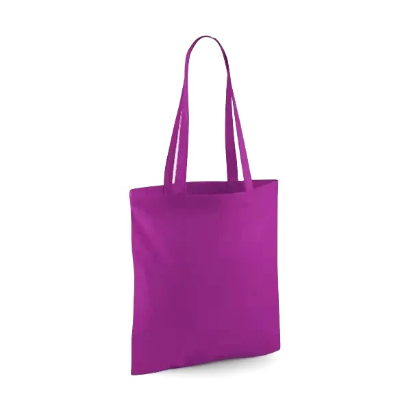 Magentanvioletti klassinen puuvillainen kangaskassi pitkillä kahvoilla ja omalla logopainatuksella, 140 g/m², 38 × 42 cm