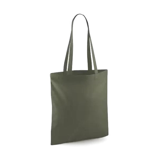 Oliivinvihreä klassinen puuvillainen kangaskassi pitkillä kahvoilla ja omalla logopainatuksella, 140 g/m², 38 × 42 cm