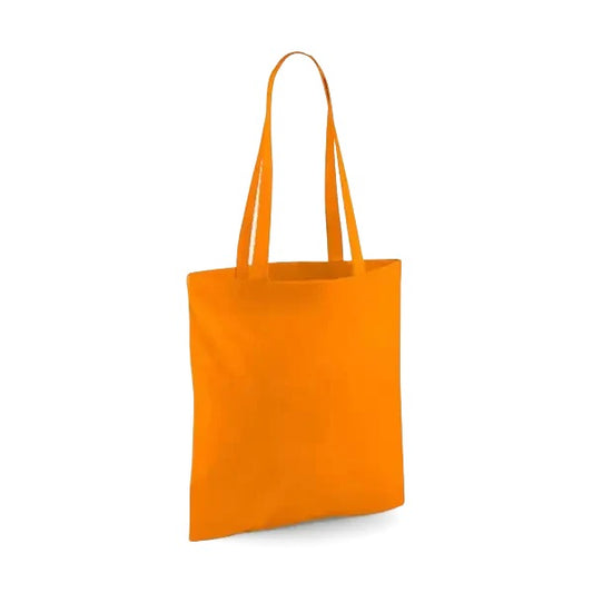 Oranssi klassinen puuvillainen kangaskassi pitkillä kahvoilla ja omalla logopainatuksella, 140 g/m², 38 × 42 cm