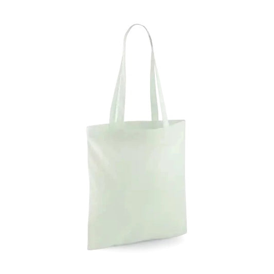 Pastellinmintunvihreä klassinen puuvillainen kangaskassi pitkillä kahvoilla ja omalla logopainatuksella, 140 g/m², 38 × 42 cm