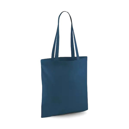 Petrolinsininen klassinen puuvillainen kangaskassi pitkillä kahvoilla ja omalla logopainatuksella, 140 g/m², 38 × 42 cm