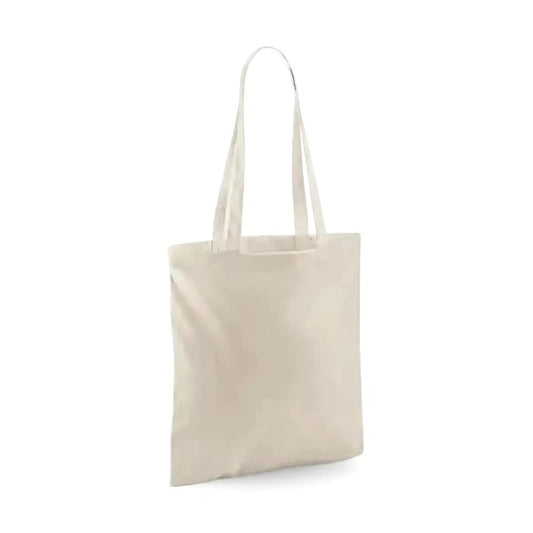 Hiekanbeige klassinen puuvillainen kangaskassi pitkillä kahvoilla ja omalla logopainatuksella, 140 g/m², 38 × 42 cm