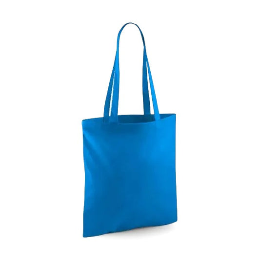 Safiirinsininen klassinen puuvillainen kangaskassi pitkillä kahvoilla ja omalla logopainatuksella, 140 g/m², 38 × 42 cm