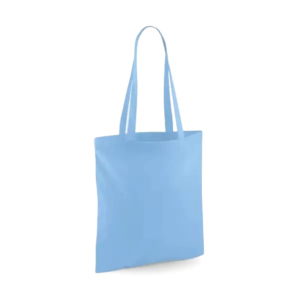 Himmelsblå klassisk tygkasse i bomull med långa handtag och eget logotryck, 140 g/m², 38 × 42 cm