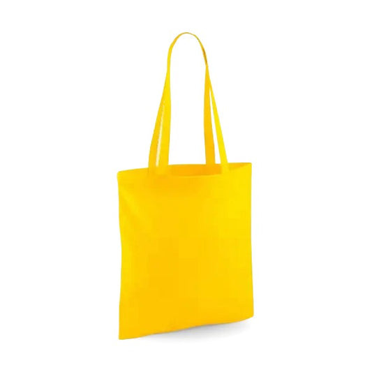 Auringonkukankeltainen klassinen puuvillainen kangaskassi pitkillä kahvoilla ja omalla logopainatuksella, 140 g/m², 38 × 42 cm