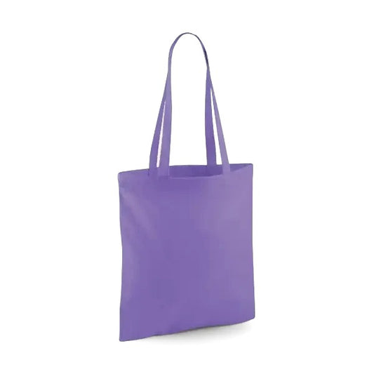 Violetti klassinen puuvillainen kangaskassi pitkillä kahvoilla ja omalla logopainatuksella, 140 g/m², 38 × 42 cm